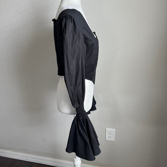 New The Lulo Project Black Crop Poplin Top Women's L Smocked Long Puff Sleeves - Picture 6 of 8